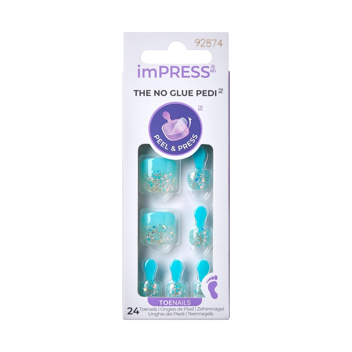 KISS imPRESS No Glue Pedi Press-On Nägel, Design 'Last Flowers', Mittelblau, Kurze Länge, Squoval-Form, 24 Nägel, Vorbereitungspad, Anleitung, Manikürestab, Mini-Feile