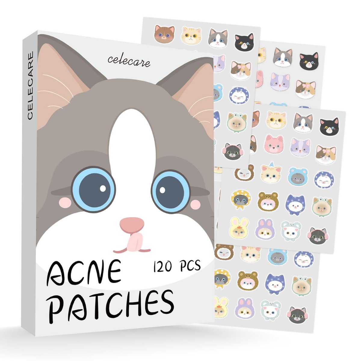 CELECARE Katzen-Pimple-Patches – 120 Hydrokolloid-Akne-Pflaster mit Salicylsäure & Teebaumöl, 20 Farben, niedliche Katzen-Sticker für das Gesicht
