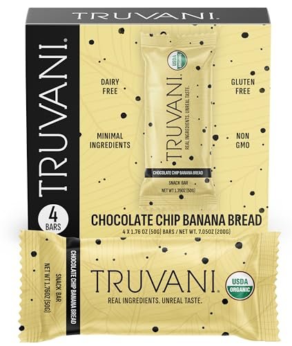 Truvani Pflanzliche Snack-Riegel | Schokoladen-Chip-Bananenbrot 4er-Pack | 5g Protein | USDA Bio & Vegan | Der einzige Riegel | Ohne Milch, Soja & Gluten | einzeln verpackt