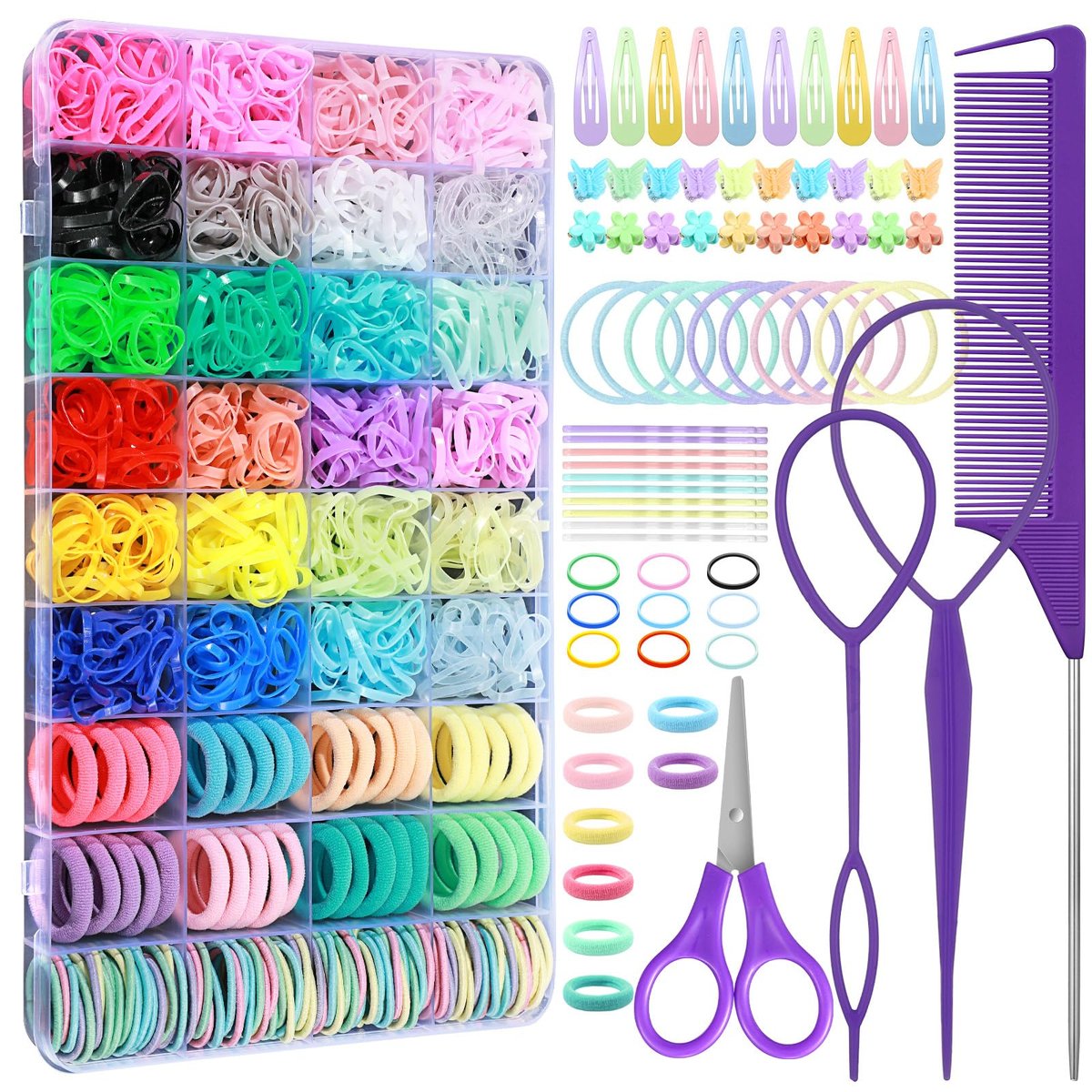Auroray Haargummis für Mädchen, 1784-teiliges Set mit 24 Farben, Gummibänder mit Aufbewahrungsbox, elastische Baby-Haarbänder, Styling-Werkzeug-Set inklusive Clips und Schere