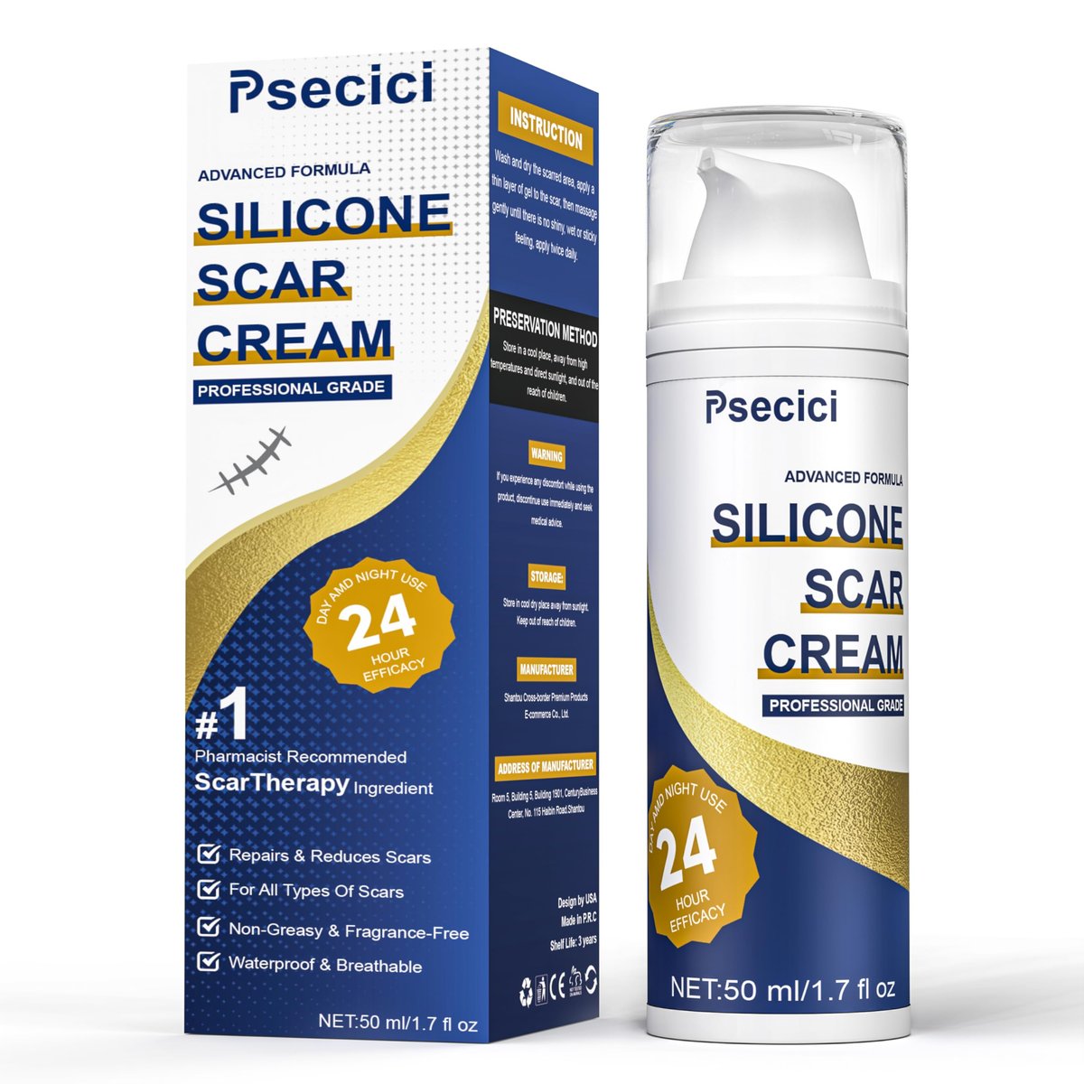 Narbencreme, Fortschrittliches Narbengel, Silikon-Narbengel, Narbenentfernungscreme für Operationsnarben, Verbrennungen, Akne, Dehnungsstreifen, Keloidbeulen, Kaiserschnittnarben 1,7 oz (50 g), Blau