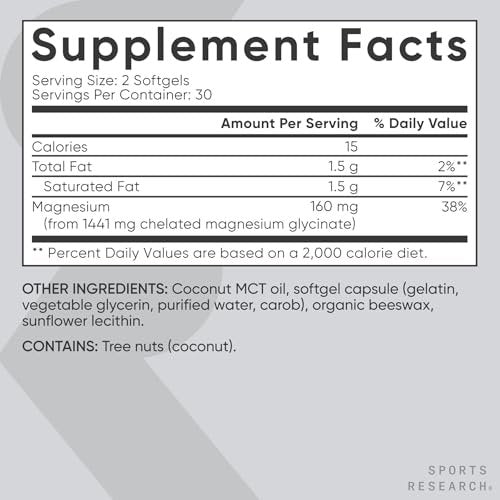 Sports Research® Magnesium Glycinat – Unterstützt erholsamen Schlaf & enzymatische Prozesse – 160 mg cheliertes Magnesium – flüssige Softgel – 60 Stück