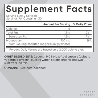 Sports Research® Magnesium Glycinat – Unterstützt erholsamen Schlaf & enzymatische Prozesse – 160 mg cheliertes Magnesium – flüssige Softgel – 60 Stück