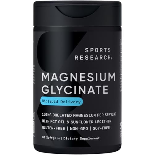 Sports Research® Magnesium Glycinat – Unterstützt erholsamen Schlaf & enzymatische Prozesse – 160 mg cheliertes Magnesium – flüssige Softgel – 60 Stück