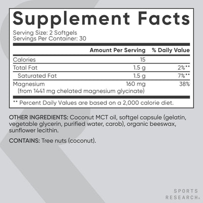 Sports Research® Magnesium Glycinat – Unterstützt erholsamen Schlaf & enzymatische Prozesse – 160 mg cheliertes Magnesium – flüssige Softgel – 60 Stück