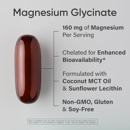 Sports Research® Magnesium Glycinat – Unterstützt erholsamen Schlaf & enzymatische Prozesse – 160 mg cheliertes Magnesium – flüssige Softgel – 60 Stück