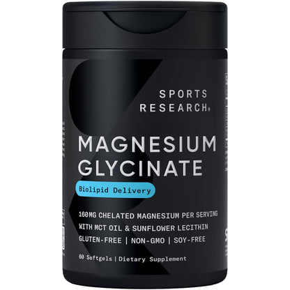 Sports Research® Magnesium Glycinat – Unterstützt erholsamen Schlaf & enzymatische Prozesse – 160 mg cheliertes Magnesium – flüssige Softgel – 60 Stück