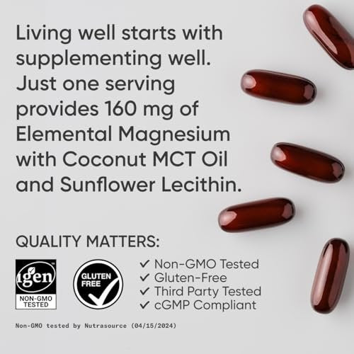 Sports Research® Magnesium Glycinat – Unterstützt erholsamen Schlaf & enzymatische Prozesse – 160 mg cheliertes Magnesium – flüssige Softgel – 60 Stück