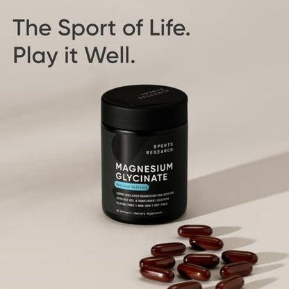 Sports Research® Magnesium Glycinat – Unterstützt erholsamen Schlaf & enzymatische Prozesse – 160 mg cheliertes Magnesium – flüssige Softgel – 60 Stück