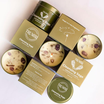 TRUMIRI Reinigungs-Salbei-Kerze für Hausnegative Energie, Räucher-Set – 5 oz Sojawachs, natürlich, organisch, ungiftig – Aromatherapie, spirituelle Meditation, Geschenke – langanhaltend, stark duftend mit Kristallen