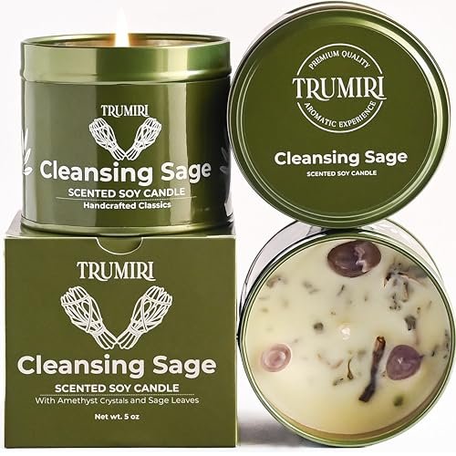 TRUMIRI Reinigungs-Salbei-Kerze für Hausnegative Energie, Räucher-Set – 5 oz Sojawachs, natürlich, organisch, ungiftig – Aromatherapie, spirituelle Meditation, Geschenke – langanhaltend, stark duftend mit Kristallen