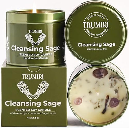 TRUMIRI Reinigungs-Salbei-Kerze für Hausnegative Energie, Räucher-Set – 5 oz Sojawachs, natürlich, organisch, ungiftig – Aromatherapie, spirituelle Meditation, Geschenke – langanhaltend, stark duftend mit Kristallen