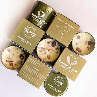 TRUMIRI Reinigungs-Salbei-Kerze für Hausnegative Energie, Räucher-Set – 5 oz Sojawachs, natürlich, organisch, ungiftig – Aromatherapie, spirituelle Meditation, Geschenke – langanhaltend, stark duftend mit Kristallen
