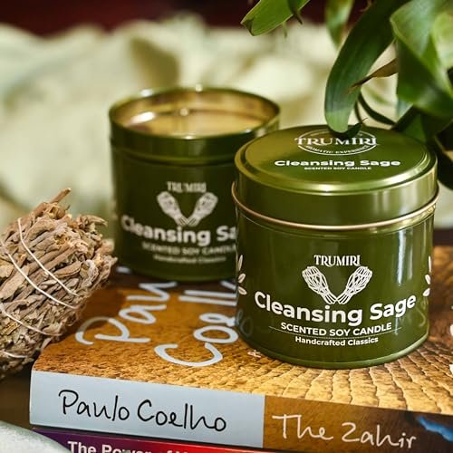 TRUMIRI Reinigungs-Salbei-Kerze für Hausnegative Energie, Räucher-Set – 5 oz Sojawachs, natürlich, organisch, ungiftig – Aromatherapie, spirituelle Meditation, Geschenke – langanhaltend, stark duftend mit Kristallen