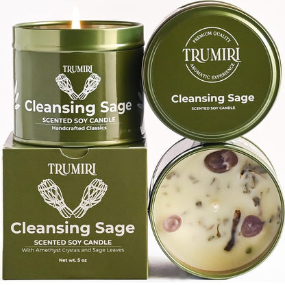 TRUMIRI Reinigungs-Salbei-Kerze für Hausnegative Energie, Räucher-Set – 5 oz Sojawachs, natürlich, organisch, ungiftig – Aromatherapie, spirituelle Meditation, Geschenke – langanhaltend, stark duftend mit Kristallen