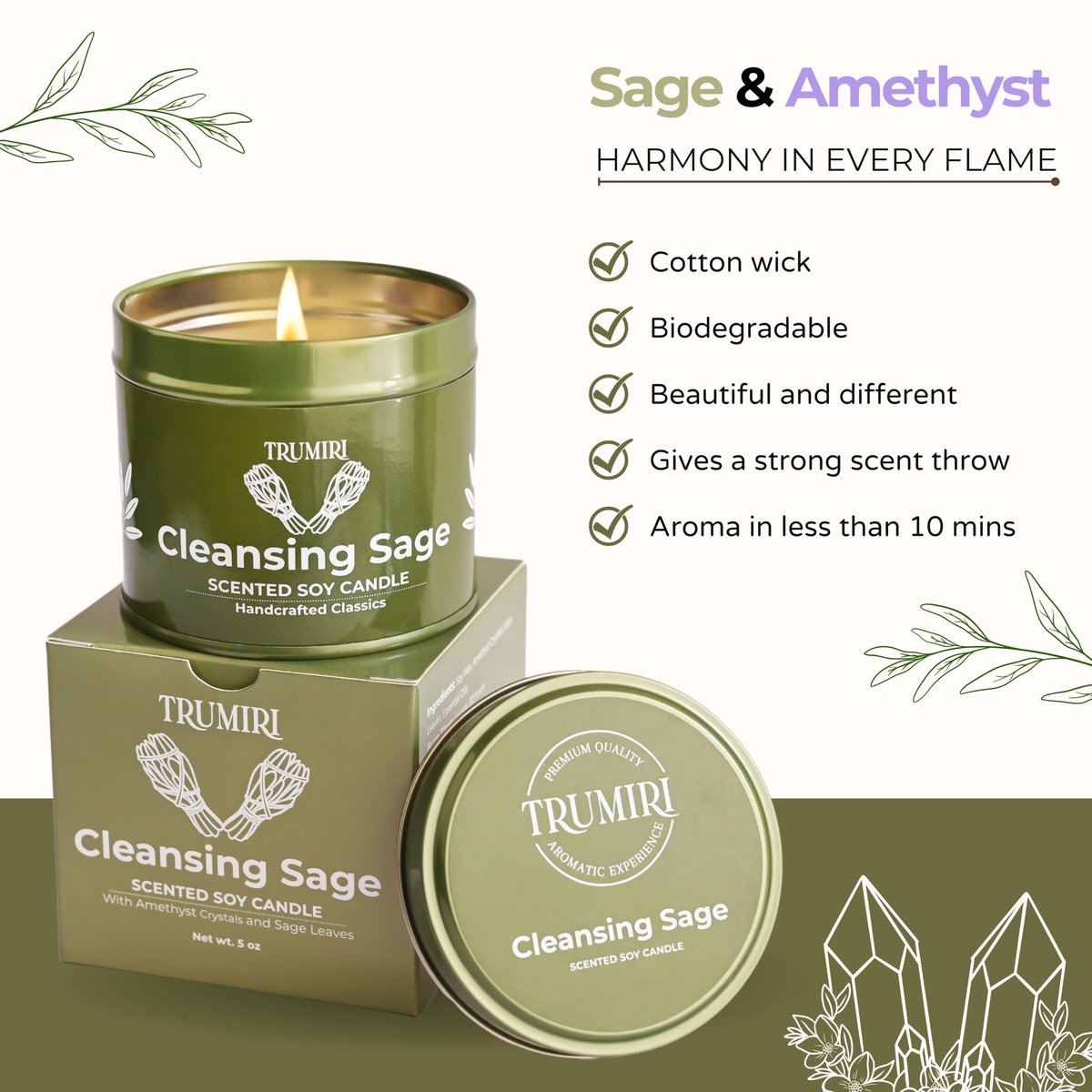 TRUMIRI Reinigungs-Salbei-Kerze für Hausnegative Energie, Räucher-Set – 5 oz Sojawachs, natürlich, organisch, ungiftig – Aromatherapie, spirituelle Meditation, Geschenke – langanhaltend, stark duftend mit Kristallen