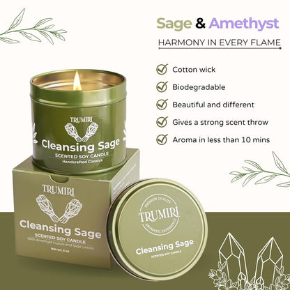 TRUMIRI Reinigungs-Salbei-Kerze für Hausnegative Energie, Räucher-Set – 5 oz Sojawachs, natürlich, organisch, ungiftig – Aromatherapie, spirituelle Meditation, Geschenke – langanhaltend, stark duftend mit Kristallen