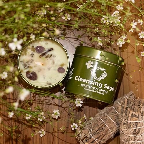 TRUMIRI Reinigungs-Salbei-Kerze für Hausnegative Energie, Räucher-Set – 5 oz Sojawachs, natürlich, organisch, ungiftig – Aromatherapie, spirituelle Meditation, Geschenke – langanhaltend, stark duftend mit Kristallen