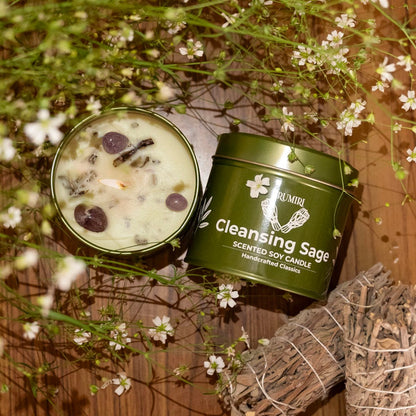 TRUMIRI Reinigungs-Salbei-Kerze für Hausnegative Energie, Räucher-Set – 5 oz Sojawachs, natürlich, organisch, ungiftig – Aromatherapie, spirituelle Meditation, Geschenke – langanhaltend, stark duftend mit Kristallen