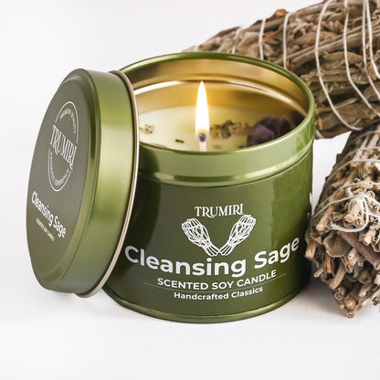TRUMIRI Reinigungs-Salbei-Kerze für Hausnegative Energie, Räucher-Set – 5 oz Sojawachs, natürlich, organisch, ungiftig – Aromatherapie, spirituelle Meditation, Geschenke – langanhaltend, stark duftend mit Kristallen
