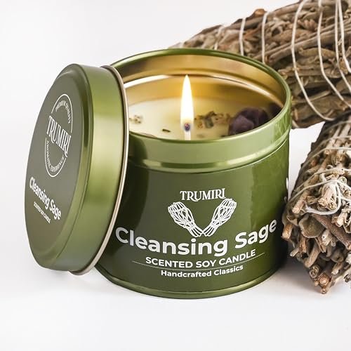 TRUMIRI Reinigungs-Salbei-Kerze für Hausnegative Energie, Räucher-Set – 5 oz Sojawachs, natürlich, organisch, ungiftig – Aromatherapie, spirituelle Meditation, Geschenke – langanhaltend, stark duftend mit Kristallen