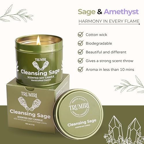 TRUMIRI Reinigungs-Salbei-Kerze für Hausnegative Energie, Räucher-Set – 5 oz Sojawachs, natürlich, organisch, ungiftig – Aromatherapie, spirituelle Meditation, Geschenke – langanhaltend, stark duftend mit Kristallen