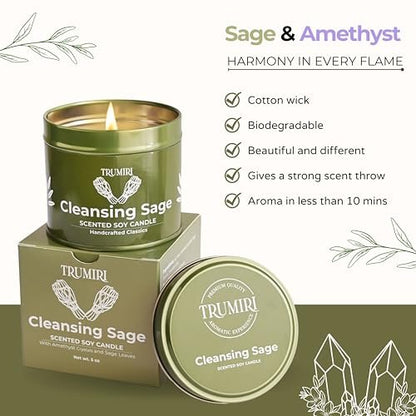 TRUMIRI Reinigungs-Salbei-Kerze für Hausnegative Energie, Räucher-Set – 5 oz Sojawachs, natürlich, organisch, ungiftig – Aromatherapie, spirituelle Meditation, Geschenke – langanhaltend, stark duftend mit Kristallen
