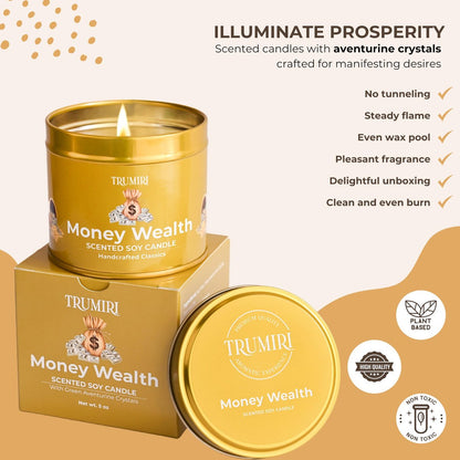 TRUMIRI Money Wealth Kristallkerze – 5oz Sojawachs mit ätherischen Ölen für Wohlstand und Manifestation – langanhaltend, natürlich, organisch, ungiftig