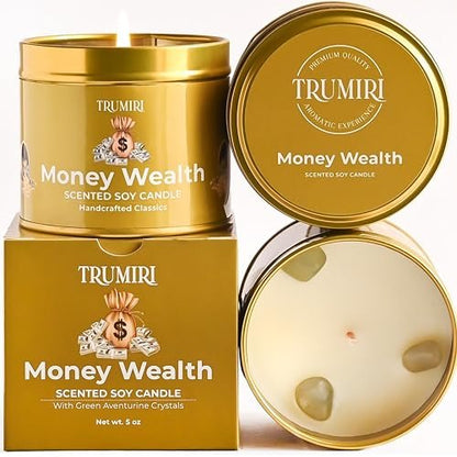 TRUMIRI Money Wealth Kristallkerze – 5oz Sojawachs mit ätherischen Ölen für Wohlstand und Manifestation – langanhaltend, natürlich, organisch, ungiftig
