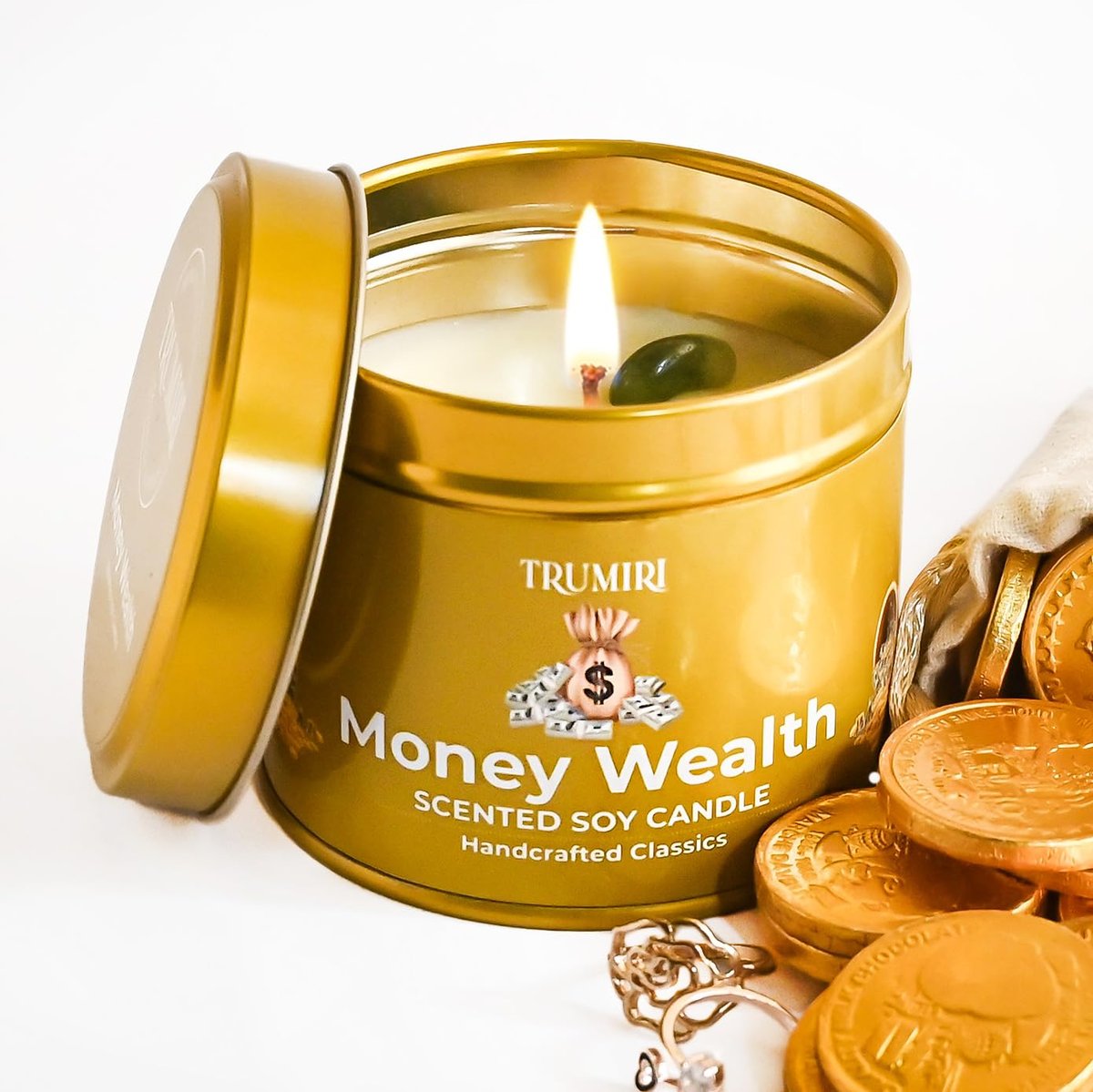 TRUMIRI Money Wealth Kristallkerze – 5oz Sojawachs mit ätherischen Ölen für Wohlstand und Manifestation – langanhaltend, natürlich, organisch, ungiftig
