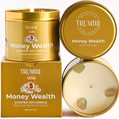 TRUMIRI Money Wealth Kristallkerze – 5oz Sojawachs mit ätherischen Ölen für Wohlstand und Manifestation – langanhaltend, natürlich, organisch, ungiftig