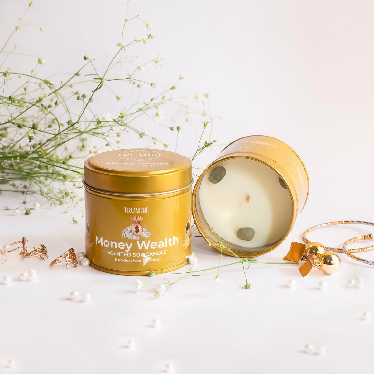 TRUMIRI Money Wealth Kristallkerze – 5oz Sojawachs mit ätherischen Ölen für Wohlstand und Manifestation – langanhaltend, natürlich, organisch, ungiftig