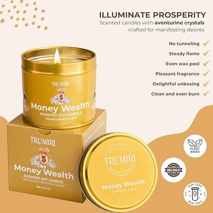 TRUMIRI Money Wealth Kristallkerze – 5oz Sojawachs mit ätherischen Ölen für Wohlstand und Manifestation – langanhaltend, natürlich, organisch, ungiftig