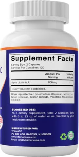 Vitamatic Alpha-Liponsäure (ALA) 600 mg pro Portion - 240 Kapseln - 120 Portionen - Non-GMO & Glutenfrei