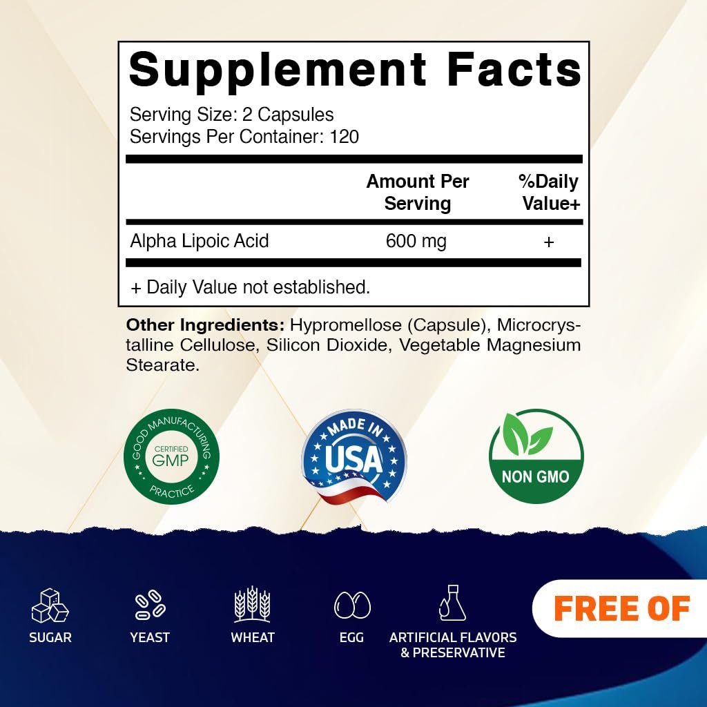 Vitamatic Alpha-Liponsäure (ALA) 600 mg pro Portion - 240 Kapseln - 120 Portionen - Non-GMO & Glutenfrei