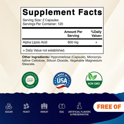 Vitamatic Alpha-Liponsäure (ALA) 600 mg pro Portion - 240 Kapseln - 120 Portionen - Non-GMO & Glutenfrei