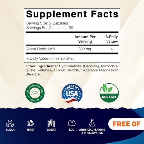 Vitamatic Alpha-Liponsäure (ALA) 600 mg pro Portion - 240 Kapseln - 120 Portionen - Non-GMO & Glutenfrei
