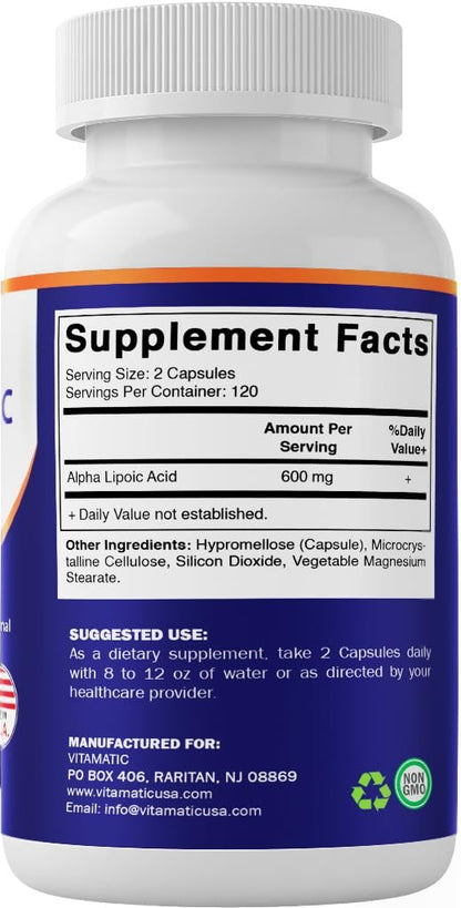 Vitamatic Alpha-Liponsäure (ALA) 600 mg pro Portion - 240 Kapseln - 120 Portionen - Non-GMO & Glutenfrei