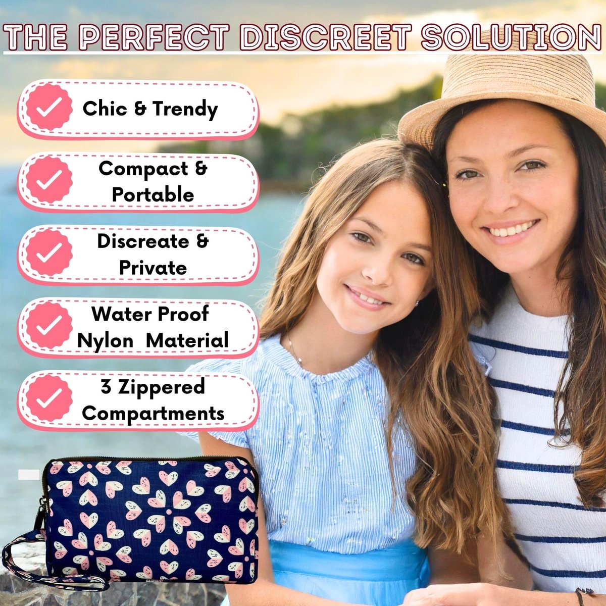 Mark and Lola's Erste Periode Set für unterwegs | 24 Teile | Perioden-Set für Tweens | Diskrete Tasche, Binden, Slipeinlagen | Herz-Motiv