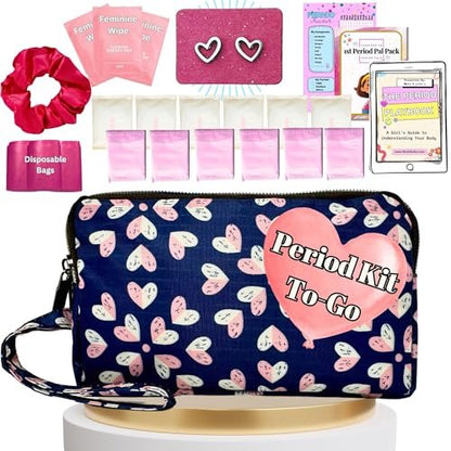 Mark and Lola's Erste Periode Set für unterwegs | 24 Teile | Perioden-Set für Tweens | Diskrete Tasche, Binden, Slipeinlagen | Herz-Motiv
