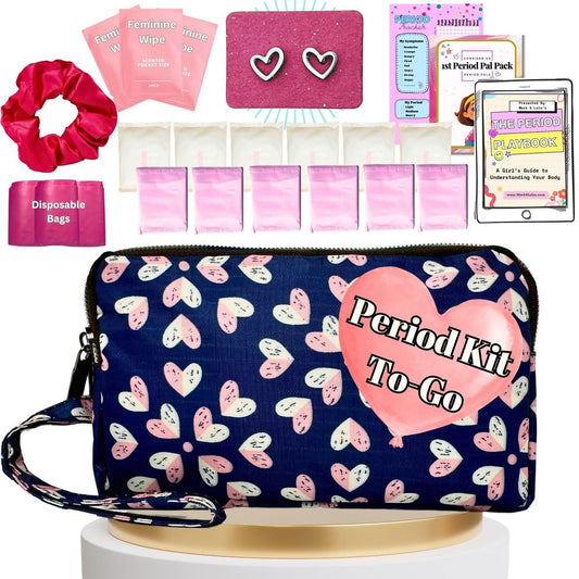 Mark and Lola's Erste Periode Set für unterwegs | 24 Teile | Perioden-Set für Tweens | Diskrete Tasche, Binden, Slipeinlagen | Herz-Motiv