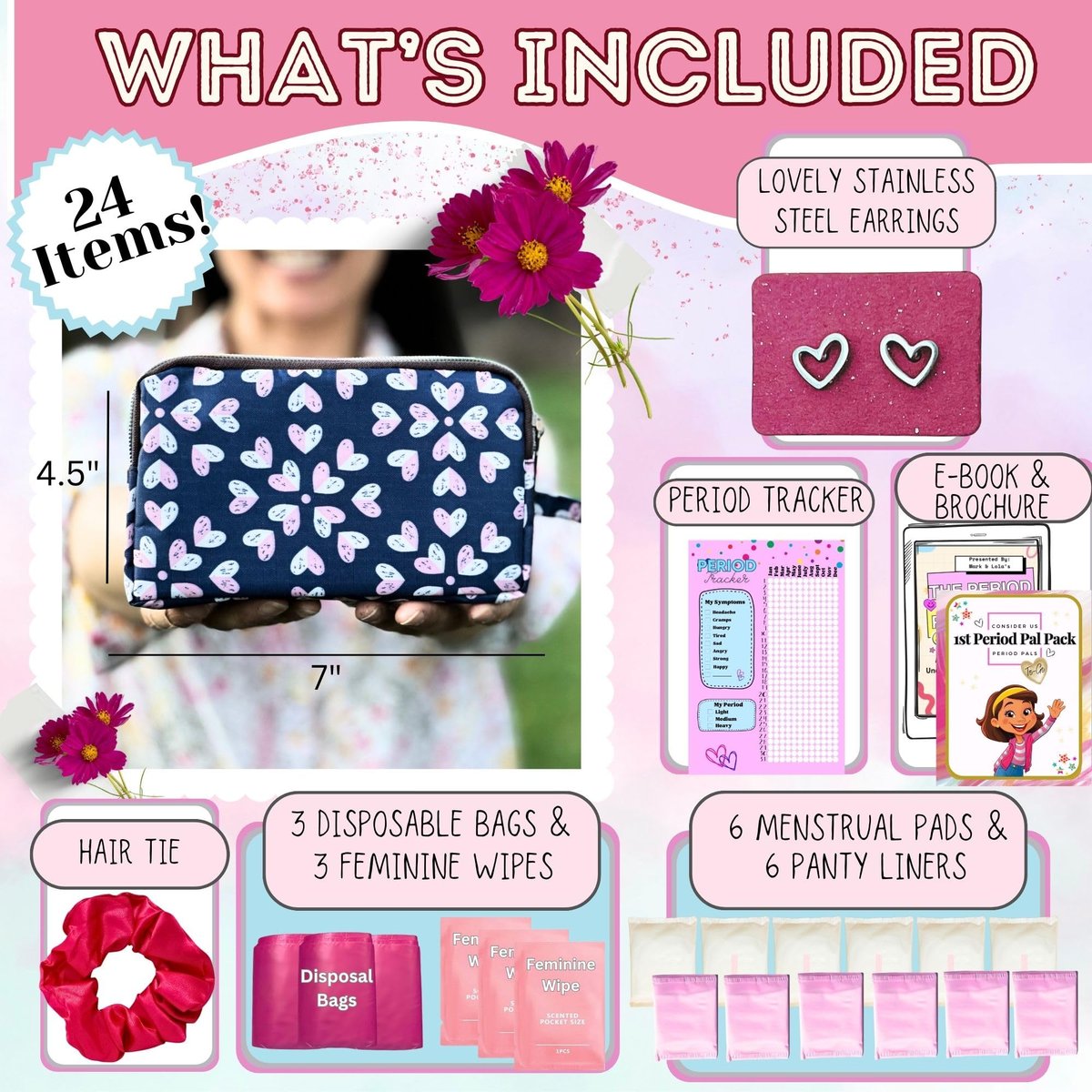 Mark and Lola's Erste Periode Set für unterwegs | 24 Teile | Perioden-Set für Tweens | Diskrete Tasche, Binden, Slipeinlagen | Herz-Motiv