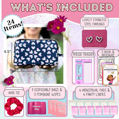 Mark and Lola's Erste Periode Set für unterwegs | 24 Teile | Perioden-Set für Tweens | Diskrete Tasche, Binden, Slipeinlagen | Herz-Motiv