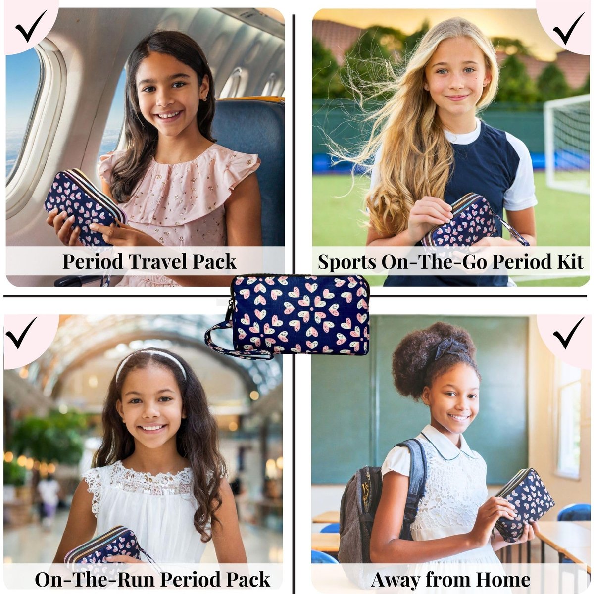 Mark and Lola's Erste Periode Set für unterwegs | 24 Teile | Perioden-Set für Tweens | Diskrete Tasche, Binden, Slipeinlagen | Herz-Motiv