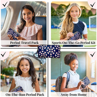 Mark and Lola's Erste Periode Set für unterwegs | 24 Teile | Perioden-Set für Tweens | Diskrete Tasche, Binden, Slipeinlagen | Herz-Motiv