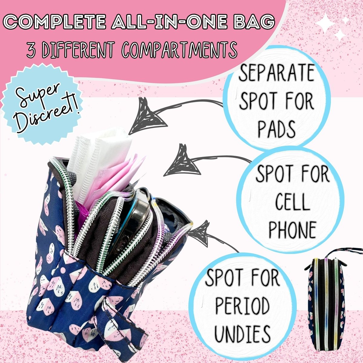 Mark and Lola's Erste Periode Set für unterwegs | 24 Teile | Perioden-Set für Tweens | Diskrete Tasche, Binden, Slipeinlagen | Herz-Motiv