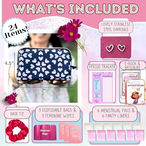Mark and Lola's Erste Periode Set für unterwegs | 24 Teile | Perioden-Set für Tweens | Diskrete Tasche, Binden, Slipeinlagen | Herz-Motiv
