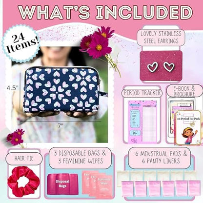 Mark and Lola's Erste Periode Set für unterwegs | 24 Teile | Perioden-Set für Tweens | Diskrete Tasche, Binden, Slipeinlagen | Herz-Motiv