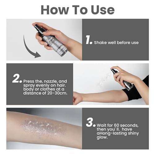 MAEPEOR Body Glitter Spray – Langanhaltender, glänzender Highlighter-Puder, schnell trocknender Schimmer-Spray für Gesicht, Körper, Haare und Kleidung (100 ml, 02 Silber)
