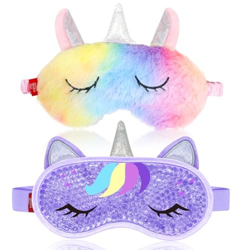 My Novel Things Kühlende Schlafmaske und Schlafbrille im Einhorn-Design – Kalt-/Warmkompresse für trockene Augen, Spa zu Hause, Reise – Kuschelige Augenmaske für Frauen, Teenager (2er-Pack)